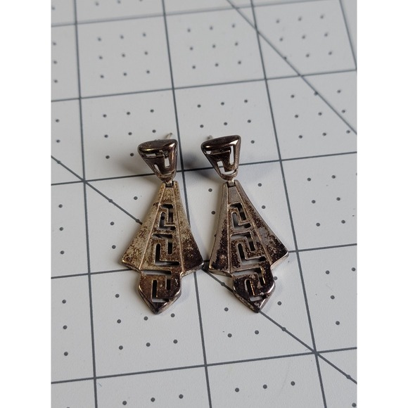 Vintage Abstract Modernist Sterling Silver Greek Key Earrings Pierced - Picture 1 of 4
